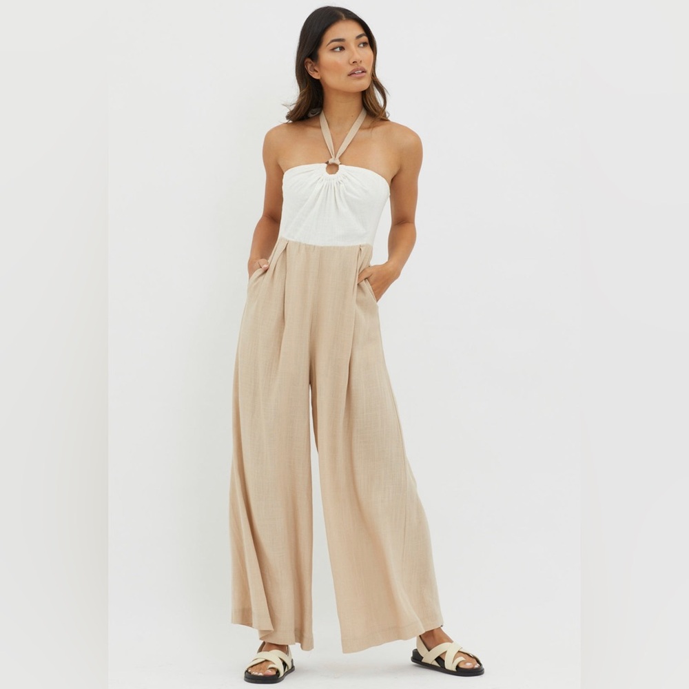 Selfie Leslie Wide Leg Halterneck Jumpsuit- Beige